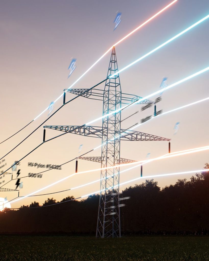 Torre de luz con cables que brillan